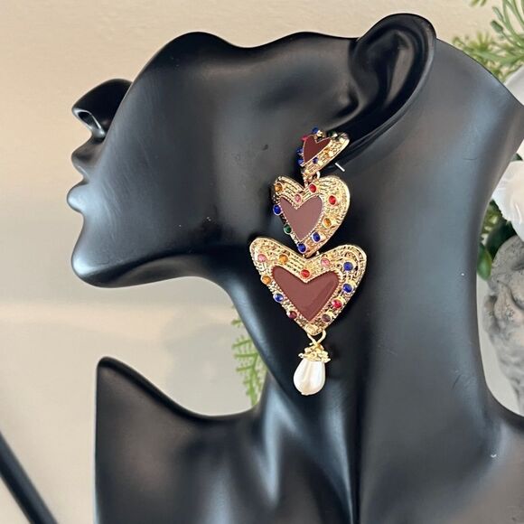 Bold Multi-Heart Statement Earrings with Colorful Gems and Pearl Drop - Picture 3 of 7